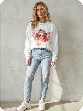 Graphic Angel Cherub Bubblegum Pink Sunglasses Sweatshirt White Size Large